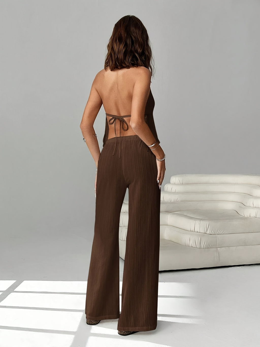 2pcs Set: Women's Fashionable Lace-up Backless Camisole with Wide-leg Drawstring Pants. Suitable for Various Occasions Such as Vacations, Beach Outings, Rave Parties, and Hawaiian Events - Brown