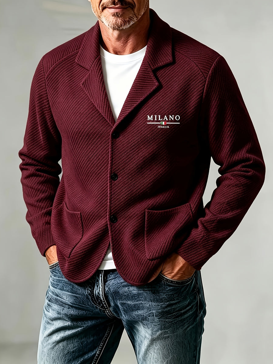 Men'S Spring Autumn New Print High-Grammage Pinstripe Texture Fabric Blazer Collar Cardigan Single Button Double Pocket Business Casual All-Match Long Sleeve Jacket, Knit Soft Comfortable Fashion Solid Color Outerwear Suitable for Daily Outings - Burgundy