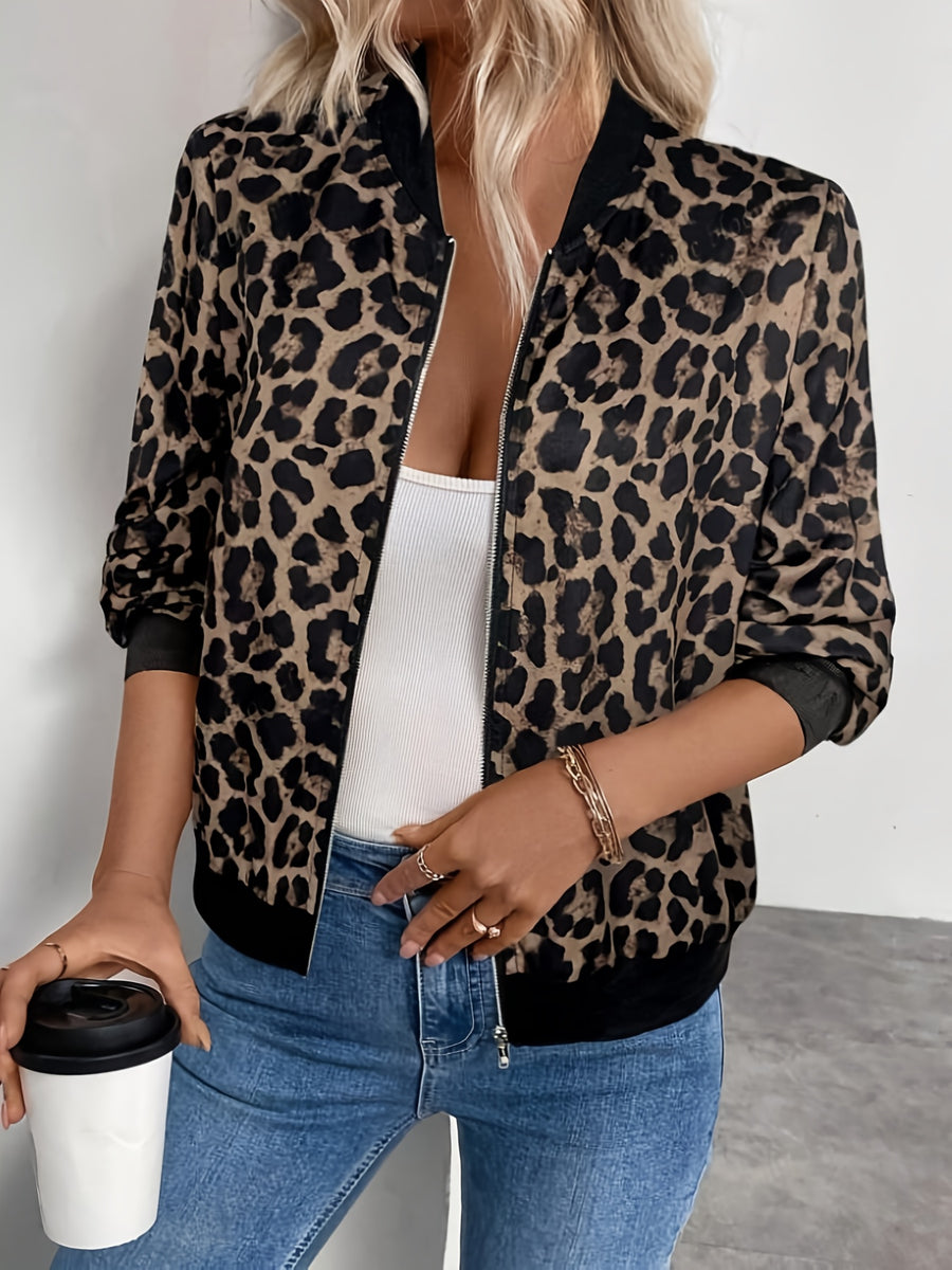 Women's New Leopard Print Ribbed Cuff Zip-Up Lightweight Casual Jacket, Fashionable and Elegant Commuter Vacation Outerwear for Daily Wear in Spring, Summer, and Autumn - Tawny