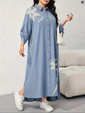 Middle Eastern Special Dubai Elegant Floral Print Long Dress, Abayas Loose Fit Fashion Style Casual Robe, Middle Eastern Targeted - Sky Blue