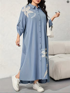 Middle Eastern Special Dubai Elegant Floral Print Long Dress, Abayas Loose Fit Fashion Style Casual Robe, Middle Eastern Targeted - Sky Blue