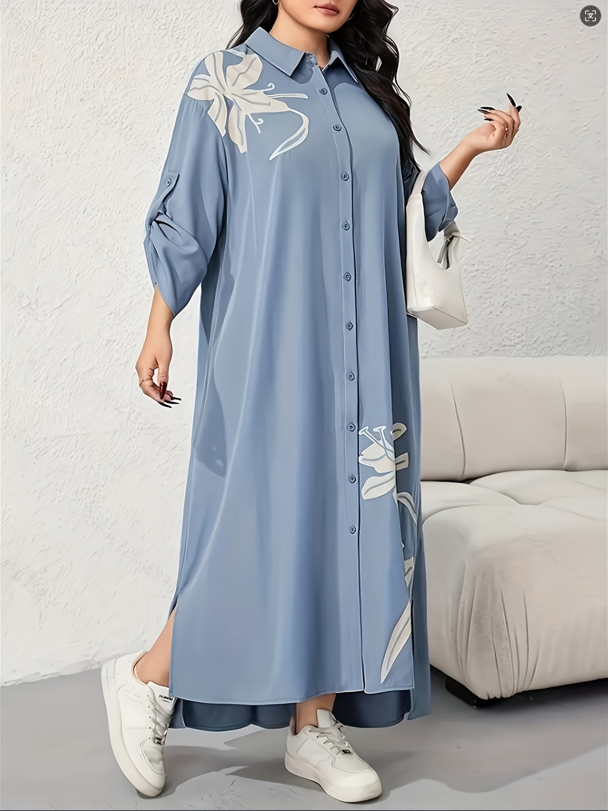Middle Eastern Special Dubai Elegant Floral Print Long Dress, Abayas Loose Fit Fashion Style Casual Robe, Middle Eastern Targeted - Sky Blue