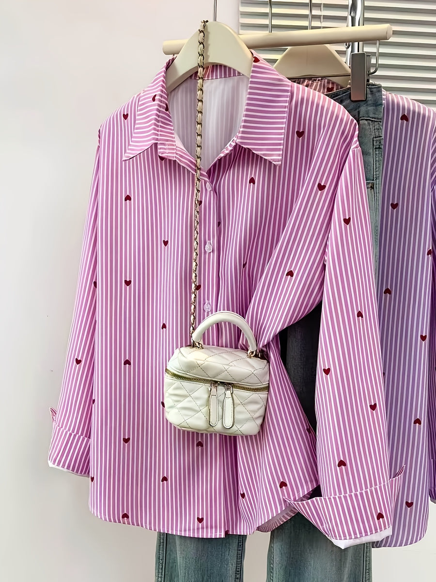 Women'S Heart Print Polo Collar Striped Shirt - Casual Collared Long Sleeve Blouse, Perfect for Spring Summer Fall Casual Wear - Pink