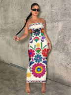 Women'S Fashion Apparel Exquisite Holiday Beach Party Attire Women'S Elegant Floral Print Off-The-Shoulder Strapless Tailored Waist-Cinched Bodycon Dress Bridesmaid Dress Women'S - Multicolor