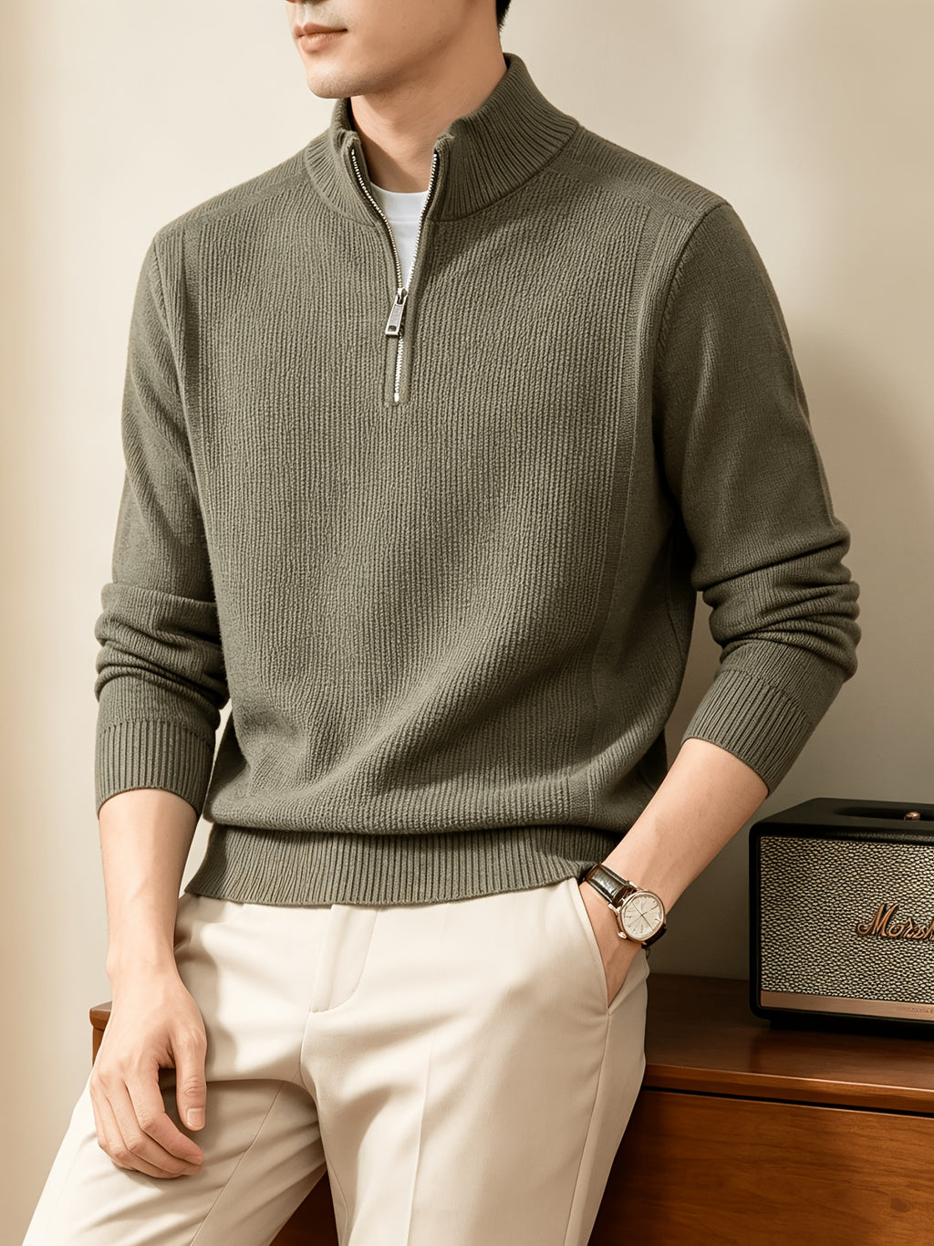 Du Jing Lan OBM Spring/Autumn New Arrival Men's Knitted Pullover, Old Money Style Solid Color Half-Open Placket Stand Collar Long Sleeve Knitted Pullover, Men's Business Casual Fashion Ribbed Sweater, Suitable for Layering or Wearing as an Inner - Olive