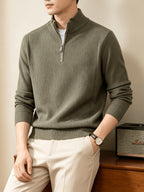 Du Jing Lan OBM Spring/Autumn New Arrival Men's Knitted Pullover, Old Money Style Solid Color Half-Open Placket Stand Collar Long Sleeve Knitted Pullover, Men's Business Casual Fashion Ribbed Sweater, Suitable for Layering or Wearing as an Inner - Olive
