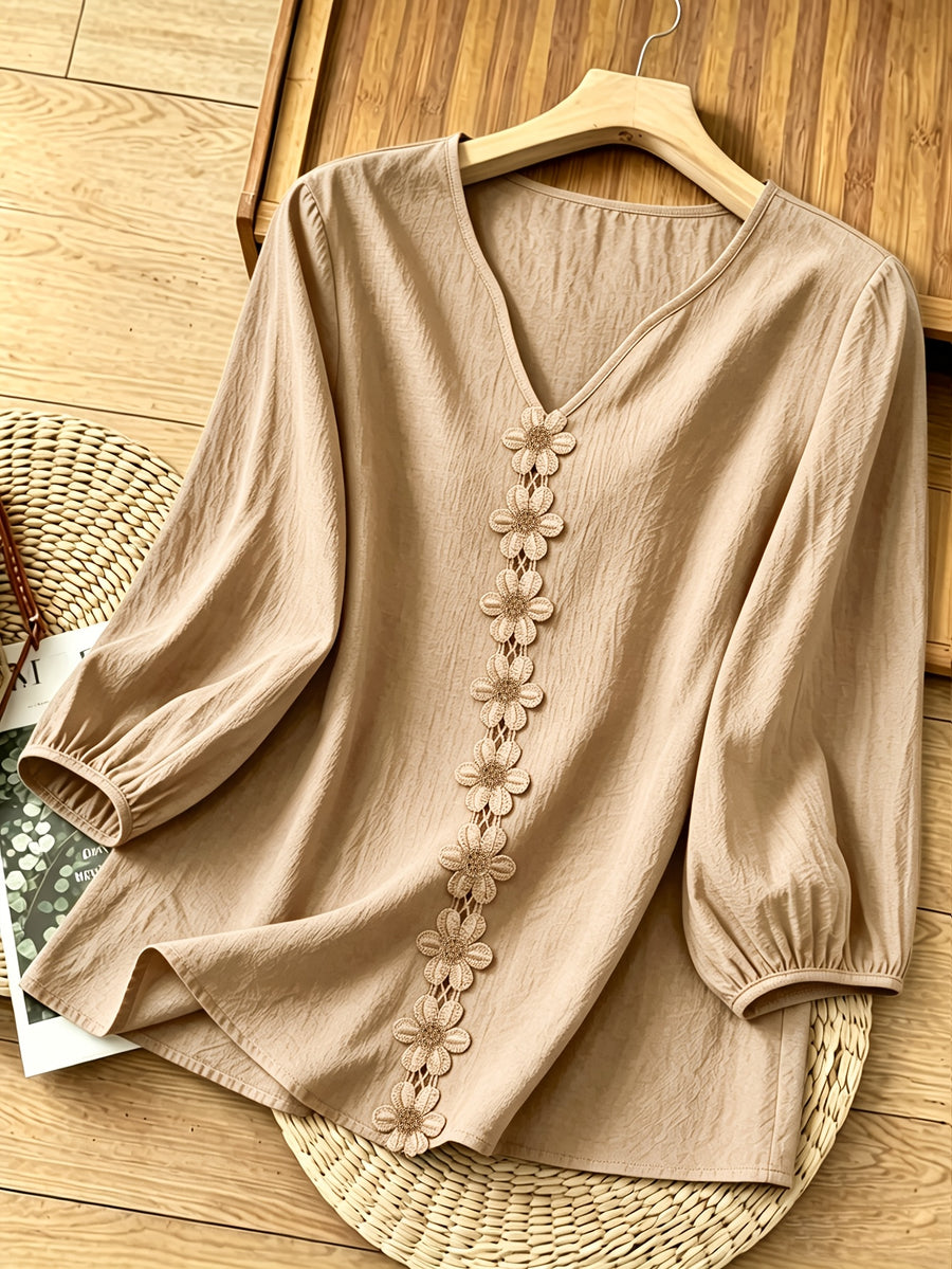 French-Style Gentle Textured Shirt with V-Neck, Lace Floral Design, Lantern Sleeves, Loose Fit, Relaxed Style, Versatile Daily Top - Apricot