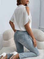 Women'S Chic Stand Collar V-Neck Cold Shoulder Short Sleeve Top - Satin Texture, Ideal for Mother'S Day & Independence Day Commute, Suitable for Spring & Summer Casual & Date Looks, Luxury Style Outfit - White
