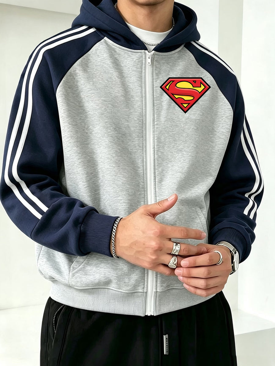 WB Warner Bros. Authentic Men's Raglan Sleeve Colorblock Hooded Zip-Up Sweatshirt, Superman Core Classic Triangle S Logo Streetwear Print Design, Autumn/Winter Loose Fit Color-Block Striped Sport Hoodie, Streetwear Fashion Casual Versatile Sporty Zip - Gray And Navy Blue