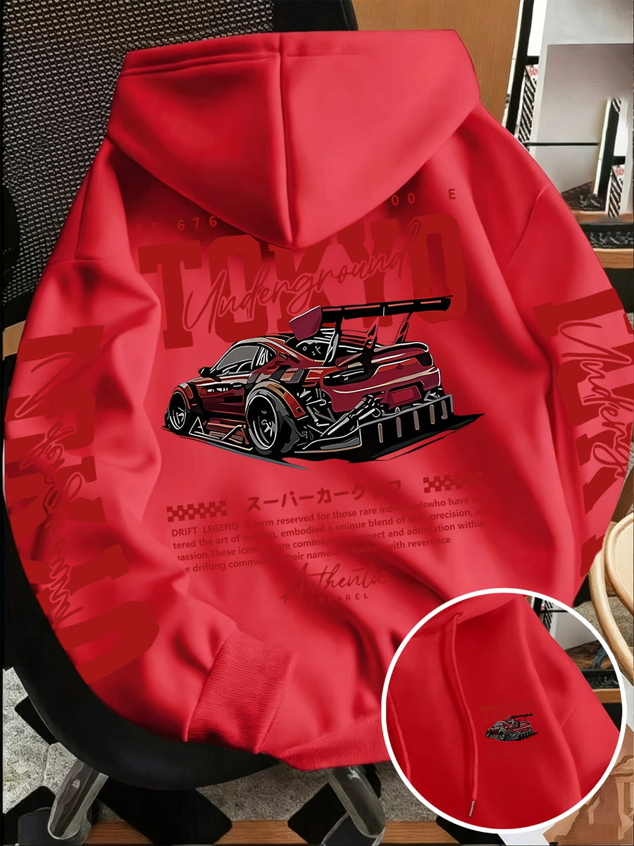 New Autumn/Winter Men's Tokyo Underground Racing Print Hooded Sweatshirt, American Street Style Motorcycle Top - Red