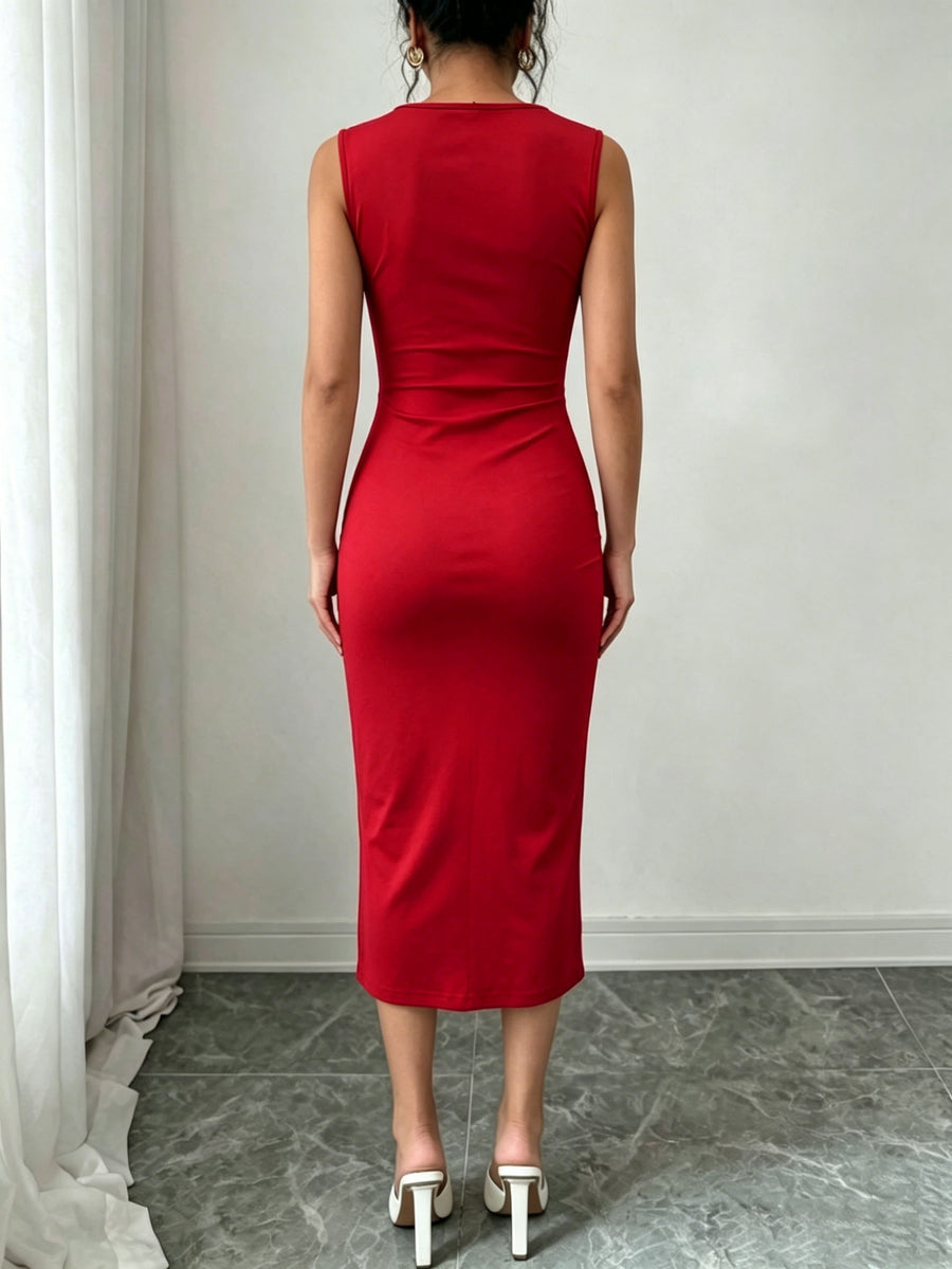 V Neck Ruched Bodycon Midi Dress, Women's Sleeveless Golden Button Side Slit Elegant Formal Dress for Work & Party - Red