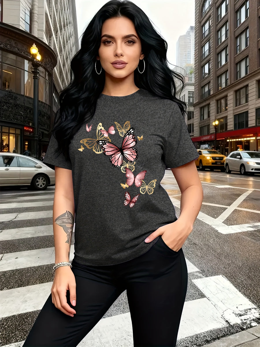 Watercolor Style Butterfly Pattern Print, Fashion Breathable T-Shirt, Family Travel, Campus, Casual, Daily Commute, Sisters' Matching Outfit, Versatile T-Shirt - Dark Gray