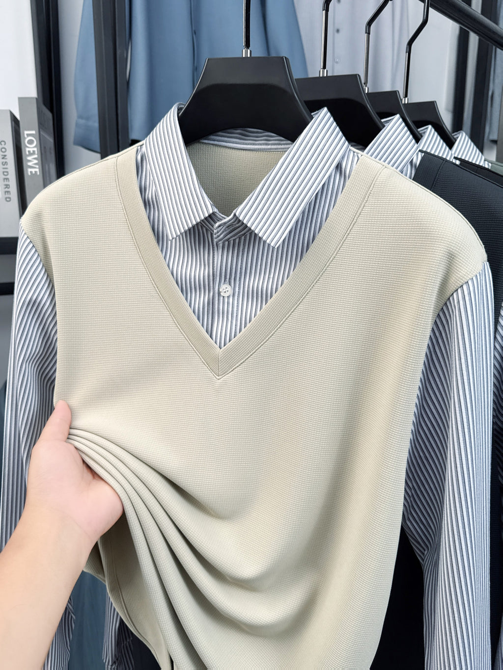 Men's Stretch 2-in-1 Look Polo Long Sleeve Shirt, Striped Shirt Collar Patchwork Polo Top, Smooth, Fine, and Skin-Friendly Fabric, Business Commute, Business Trip, and Travel Top, Loose and Casual Men's Clothing for Daily Wear and Home - M Beige