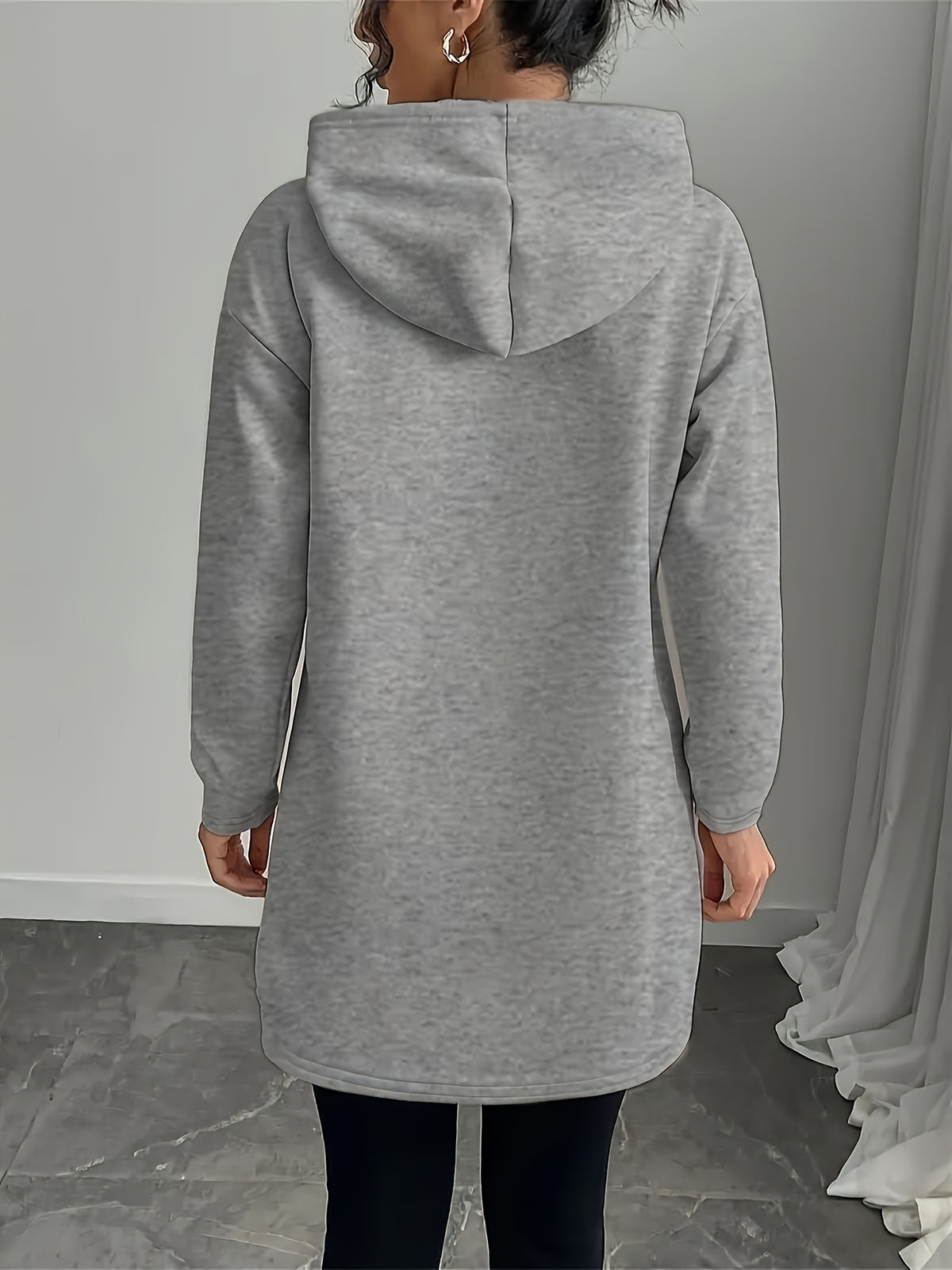 Autumn and Winter Fleece Hoodie Dress with Fashion Trend Print Kangaroo Pocket, Women's Casual Dress, Women's Casual Hoodie - Grey