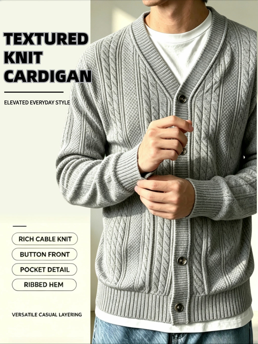 Men's V-neck Knitted Cardigan with 3D Embossed Jacquard Design, Simple and Mature Light Style, Spring/Autumn Regular Fit, Button Closure with Side Pockets, Blended Knit Fabric, Multi-color Casual Outerwear for Home, Outings, Dates, and Commuting - Grey