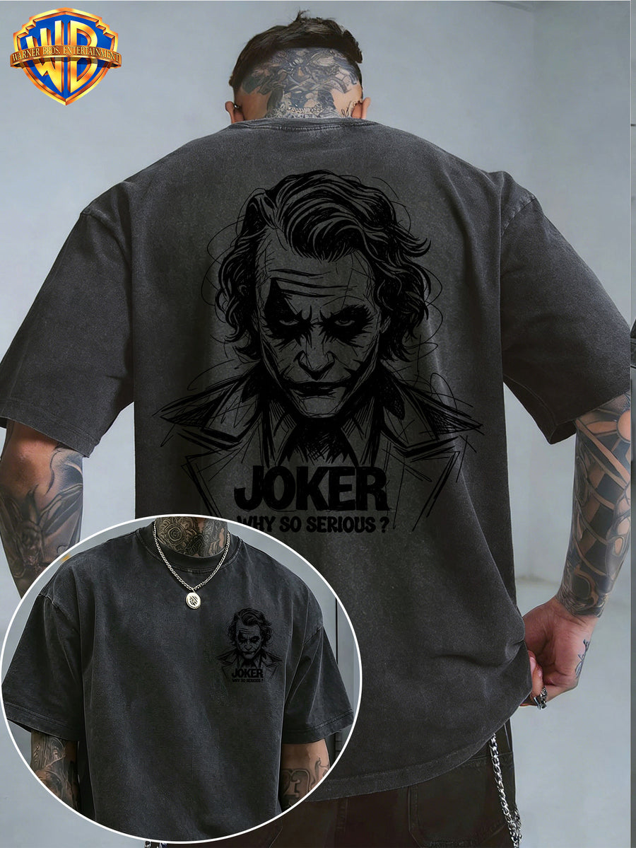 Warner Bros. Official - Cool Line Art Joker Print, American Vintage Washed Distressed T-Shirt, Suitable for Daily Commuting and Outdoor Wear, Machine Washable, Unisex - Black