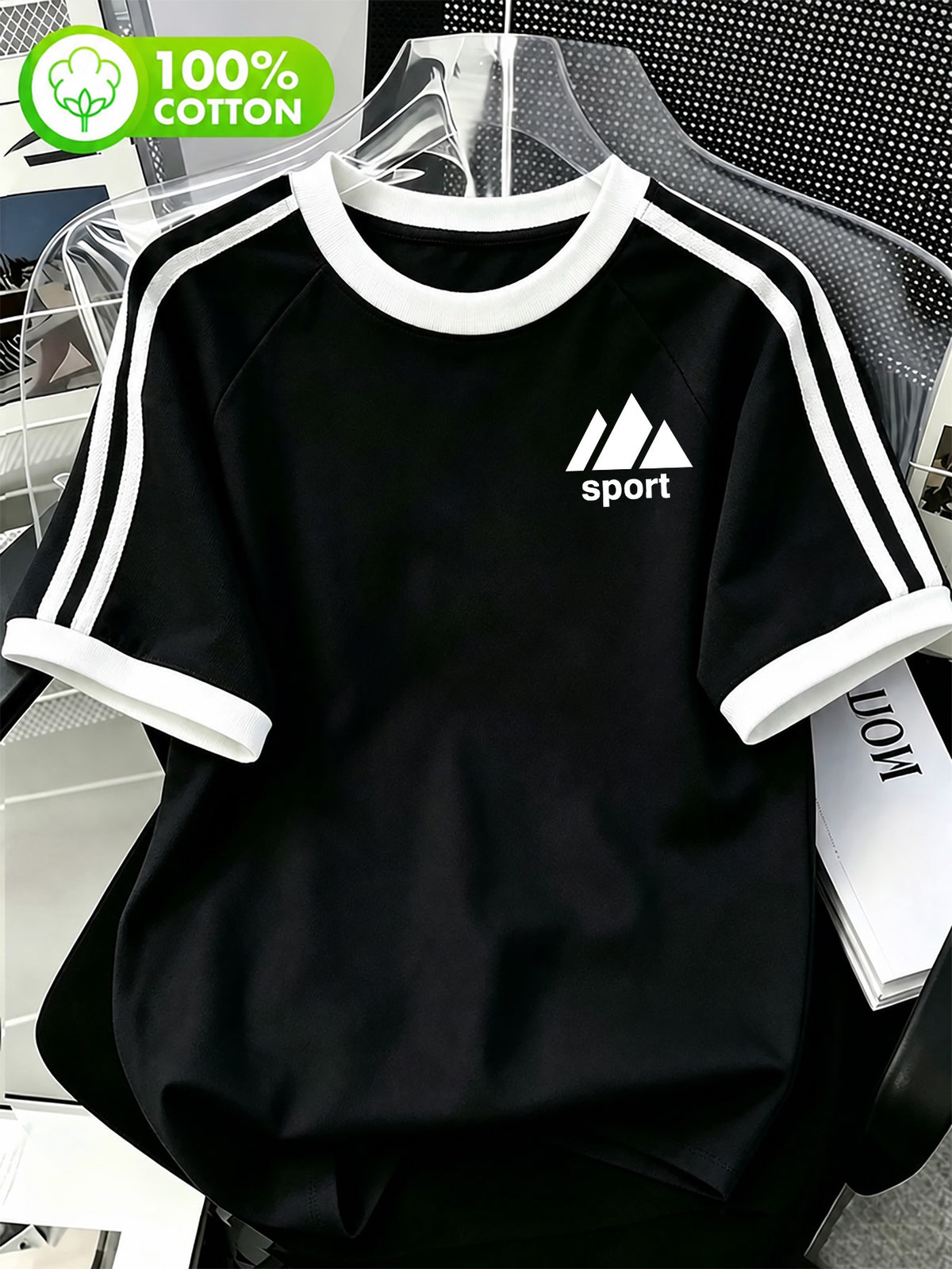 Sport Triangle Stripe Casual Short-Sleeve T-Shirt. Made from 100% Pure Cotton with a Relaxed and Comfortable Fit, Featuring Burgundy Double-stripe Contrast Cuffs. The Simple yet Elegant Sporty Visual Design Offers Soft, Skin-friendly, and Breathable - Black