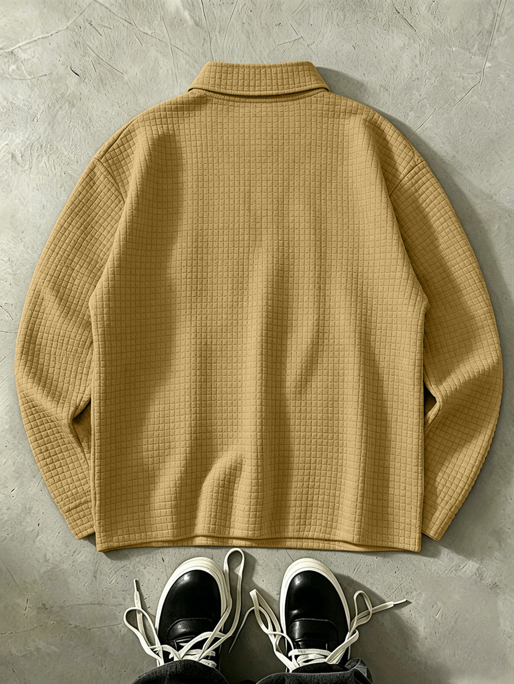 THE STEADY Men'S Half-Zip Fashion Waffle Texture Autumn Winter Casual Athletic POLO Shirt, Street Style Versatile Trendy Long Sleeve Top - Khaki