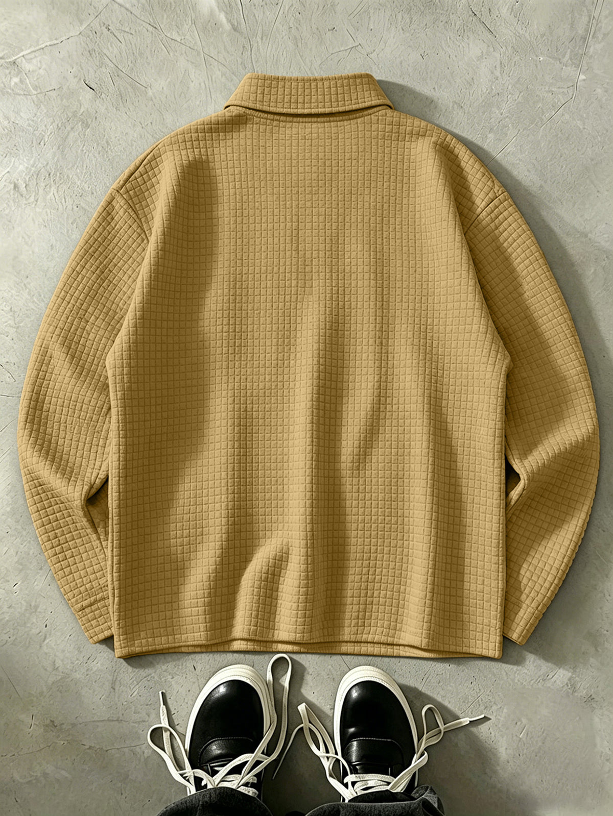 THE STEADY Men'S Half-Zip Fashion Waffle Texture Autumn Winter Casual Athletic POLO Shirt, Street Style Versatile Trendy Long Sleeve Top - Khaki