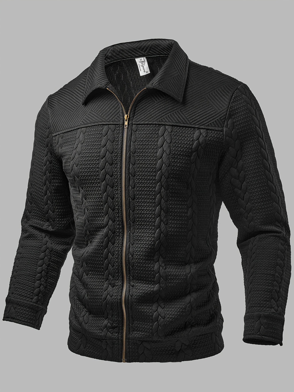Men's Fashion Jacket, Autumn/Winter Outdoor Casual Random Cut Textured Jacquard Fabric, Lapel Zipper Long Sleeve Men's Jacket - Black