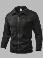 Men's Fashion Jacket, Autumn/Winter Outdoor Casual Random Cut Textured Jacquard Fabric, Lapel Zipper Long Sleeve Men's Jacket - Black
