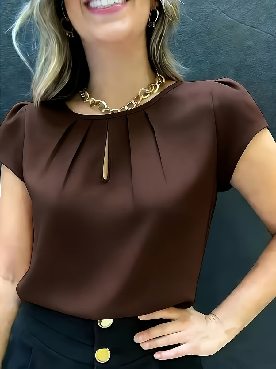 Elegant Fashion Solid Color Round Neck Top for Women - Coffee Color