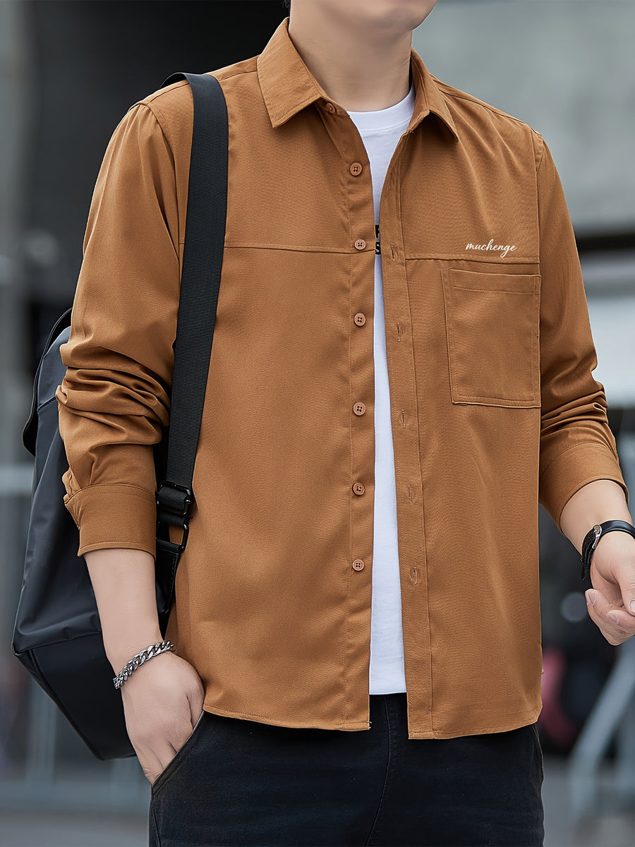 Men'S Long Sleeve Shirt Patchwork Single Pocket Letter Print Outdoor Casual Spring Autumn Regular Daily Commute Office Date Party - Rust