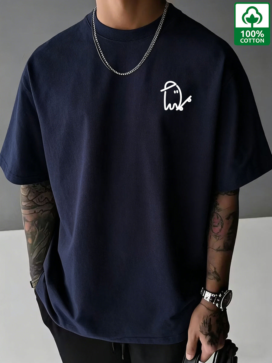 Men's Print Pure Cotton T-Shirt, Summer Fashion Vintage Trendy Casual Breathable Everyday Versatile Crew Neck Short Sleeve Top - Navy blue color