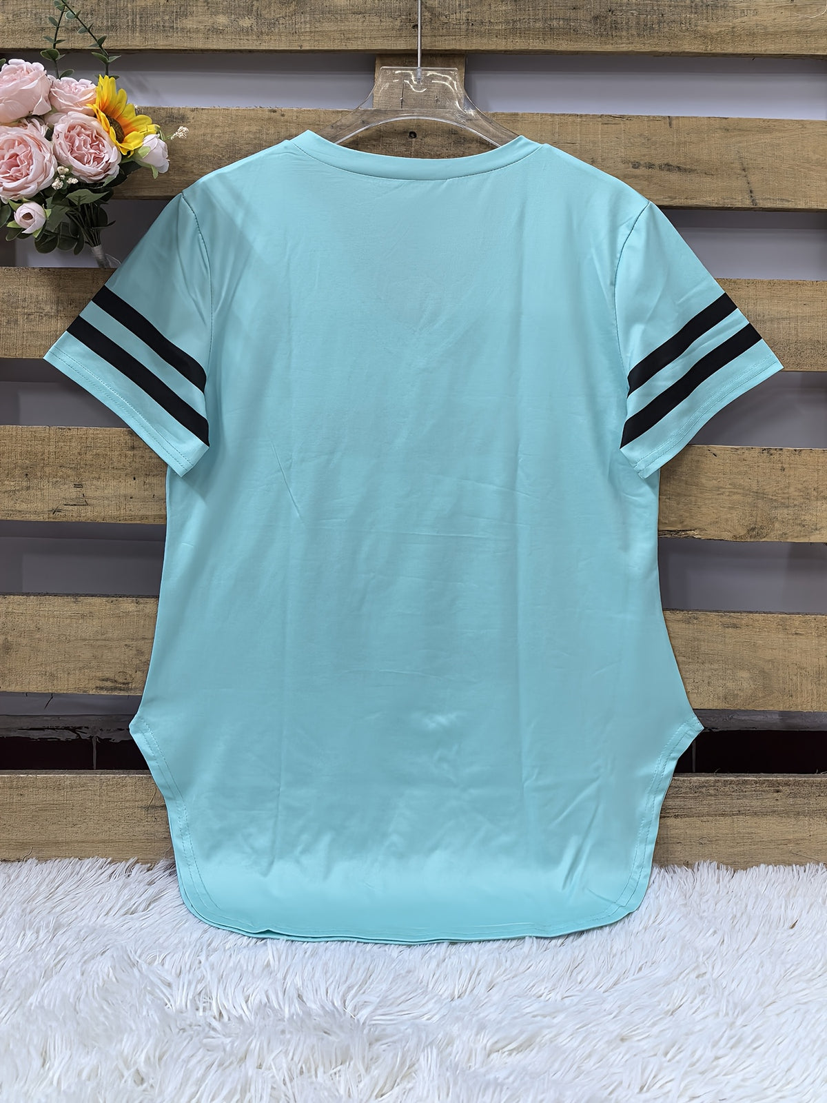 2026 European And American Spring Summer New Women'S Clothing Digital Print Curved Hem V-Neck Loose Casual Short Sleeve T-Shirt Top - Lake Blue