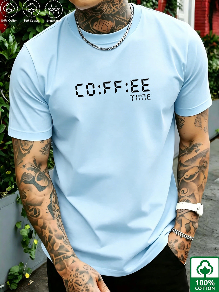 Pixel Art Style Coffee Time Men's Pure Cotton T-Shirt, "CO:FF:EE TIME" Letter Print, Features a Simple Everyday Vibe, Breathable and Skin-Friendly for No Sweaty Feel, High Elasticity with No Deformation, Versatile Crew Neck Fit for a Slimming Look - Light Blue