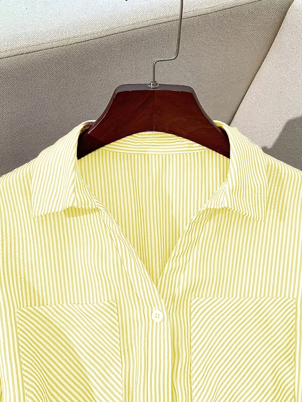 Women'S Fashion Commuter Casual Lapel A-Line Striped Dress, Suitable for Daily Office Wear - Yellow