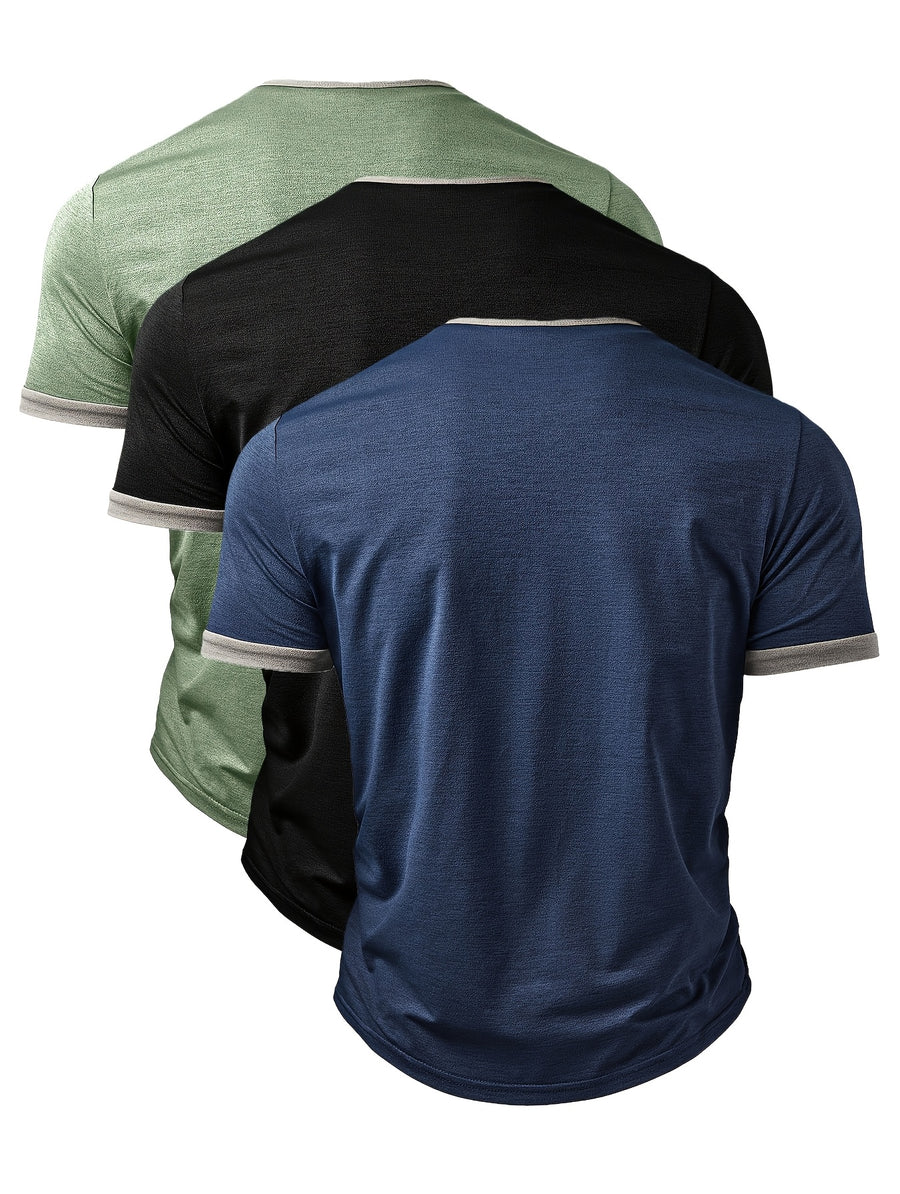 3pcs Set Men'S Fashion Men'S Top Spring Summer Outdoor Casual Color-Block Patchwork Stud Decoration Short-Sleeve Men'S Henley Shirt - Polychrome