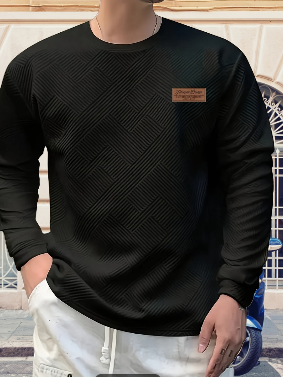 Men's Gift, Men's Fashion Heavyweight Jacquard Crew Neck Long Sleeve Sweatshirt, Casual and Comfortable Top for Spring and Autumn, Daily Outings - Black