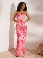Elegant Off-Shoulder Mermaid Dress for Women in Pink Floral Print, Sleeveless A-Line Silhouette with a Round Neck, Machine Washable for All Seasons, Suitable for Formal And Casual Occasions, Versatile And Stylish with a Refined Look - Multicolor