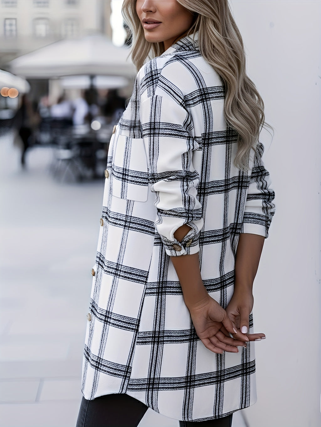 Women's Fashion Casual Plaid Print Pocket Turn- Collar Long Sleeve Loose Fit Shirt Top - White