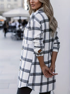 Women's Fashion Casual Plaid Print Pocket Turn- Collar Long Sleeve Loose Fit Shirt Top - White