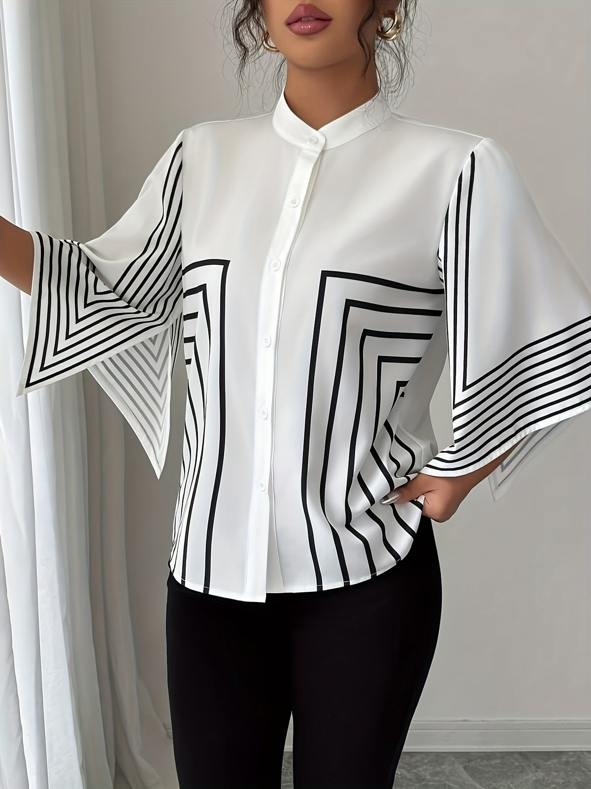 A French Elegant Shirt with a Stand Collar, Digital Prints, Geometric Lines, And Asymmetrical Cuffs, Perfect for Vacation in Spring And Summer - White