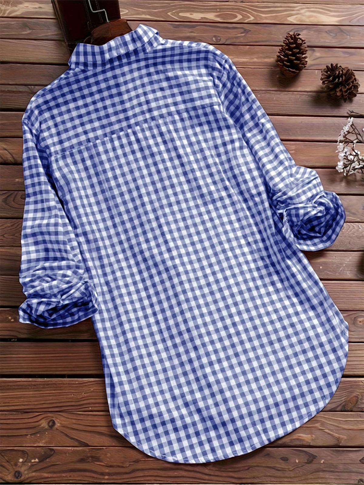 Women'S Autumn Casual Vintage Commute Long Sleeve Checkered Striped Shirt - Vibrant Blue
