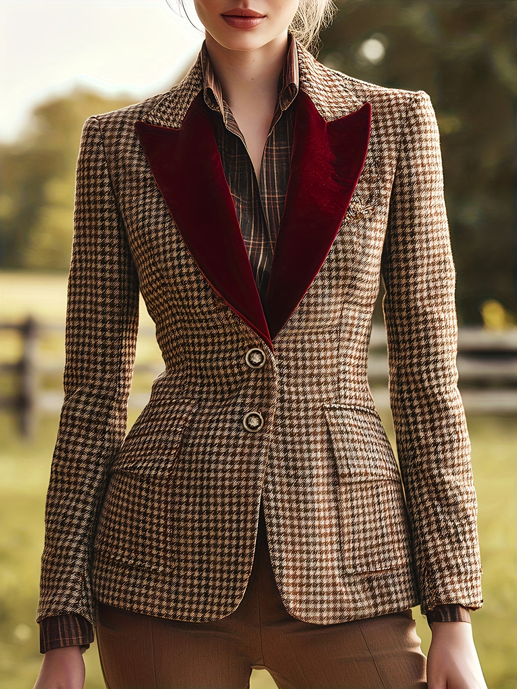 Spring Autumn Winter Fashion Retro Velvet Lapel Houndstooth Single-Breasted Blazer - Khaki