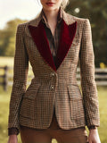 Spring Autumn Winter Fashion Retro Velvet Lapel Houndstooth Single-Breasted Blazer - Khaki