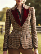 Spring Autumn Winter Fashion Retro Velvet Lapel Houndstooth Single-Breasted Blazer - Khaki