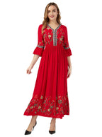 Bohemian Style Women'S Floral Embroidered Maxi Dress - V-Neck, 3/4 Sleeve, Elastic High Waist, Slight Flare Skirt, Ideal for Wedding Guests, Vacation, And Casual Wear - Red