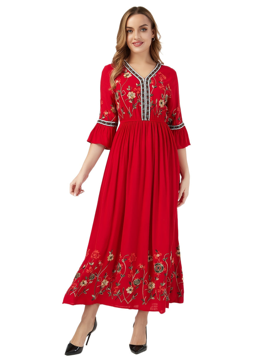 Bohemian Style Women'S Floral Embroidered Maxi Dress - V-Neck, 3/4 Sleeve, Elastic High Waist, Slight Flare Skirt, Ideal for Wedding Guests, Vacation, And Casual Wear - Red