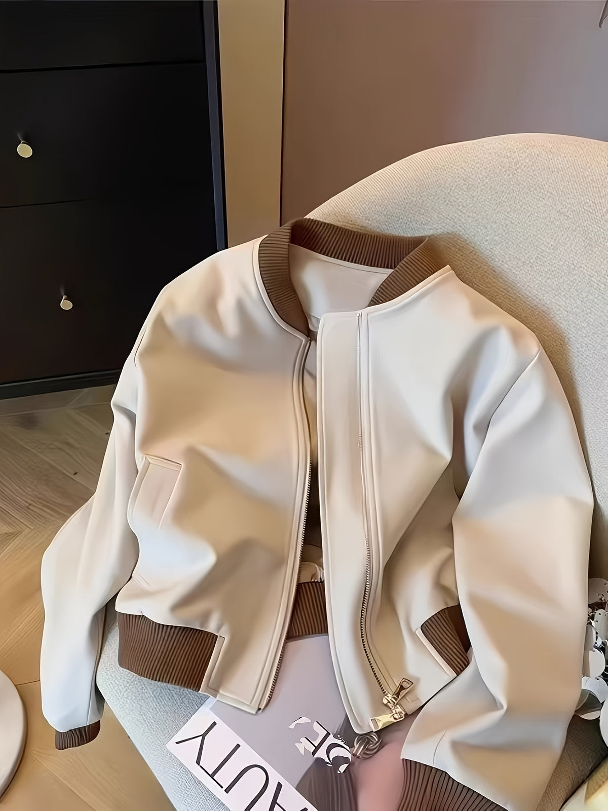Women'S Casual Zipper Color-Block Jacket with Pockets, Elastic Cuffs And Hem, All-Season Wearable Coat - Off-white