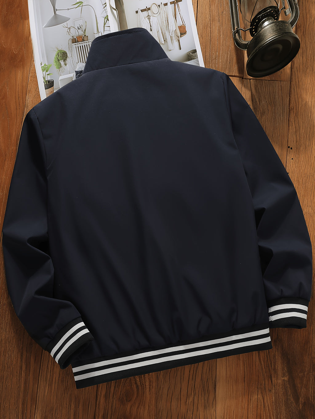 Men's Workwear Jacket with Stand Collar & Zipper Front - Zipper Pocket Suitable for Spring/Autumn, Loose Fit Casual Outerwear, Stand Collar Jacket with Ribbed Hem for or Casual Attire (No Stretch, Solid Color) - Navy Color