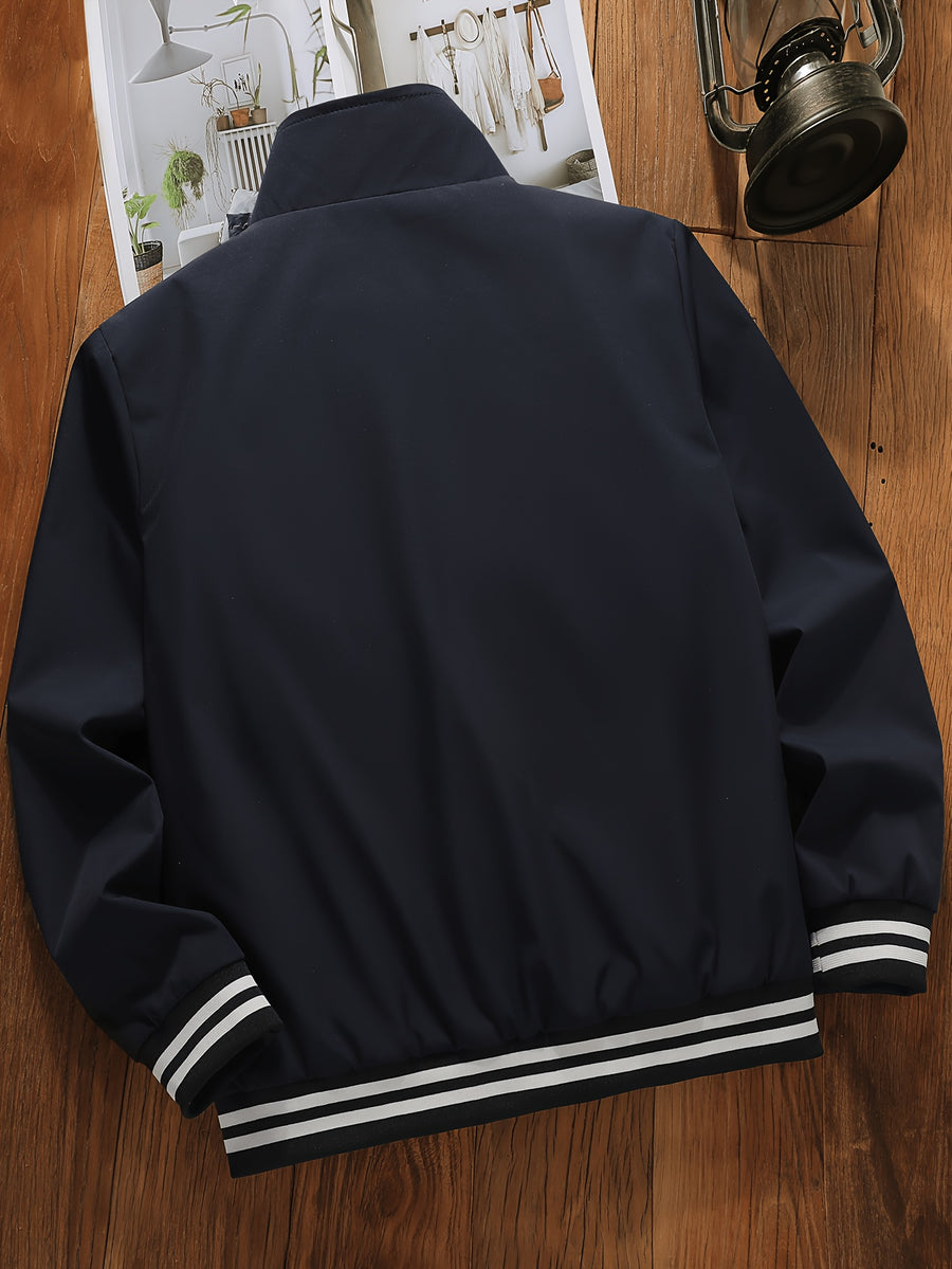 Men's Workwear Jacket with Stand Collar & Zipper Front - Zipper Pocket Suitable for Spring/Autumn, Loose Fit Casual Outerwear, Stand Collar Jacket with Ribbed Hem for or Casual Attire (No Stretch, Solid Color) - Navy Color