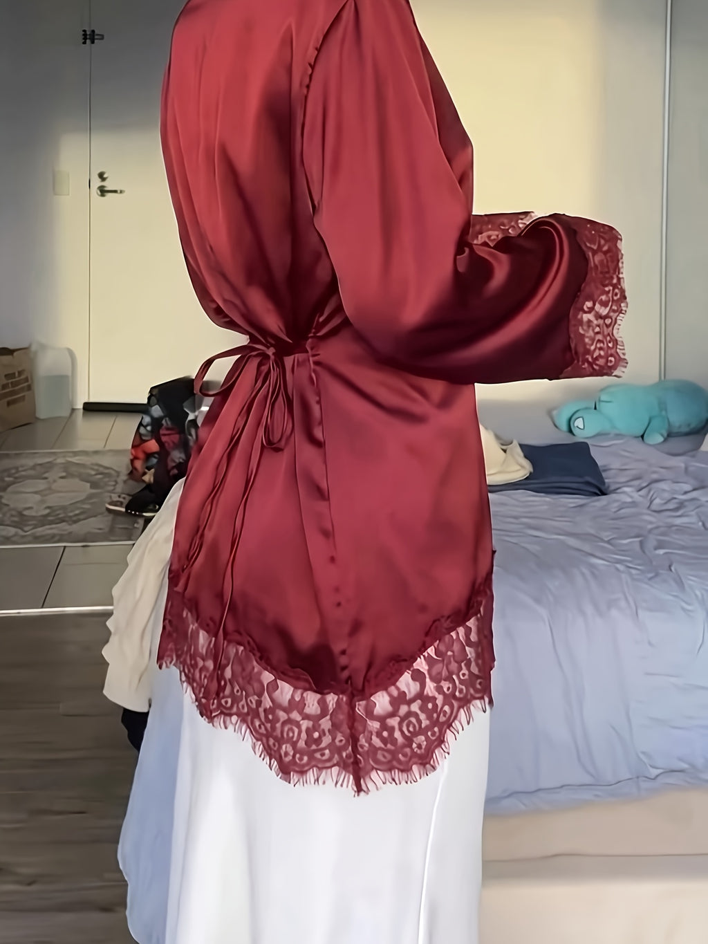 Women'S Elegant Commute Satin Blouse, Lace Panel Round Neck Long Sleeve Tie Waist Top, Solid Fabric Lace Panel Asymmetrical/Asymmetrical Design, Suitable for Elegant Office Daily Dates - Burgundy