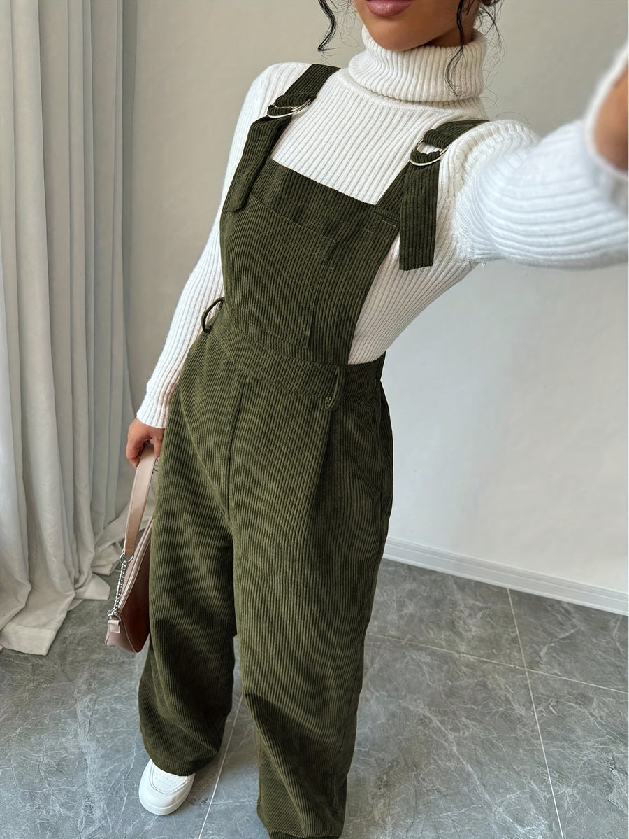 Women'S Elegant Corduroy Solid Color Suspender Pants - Olive Green