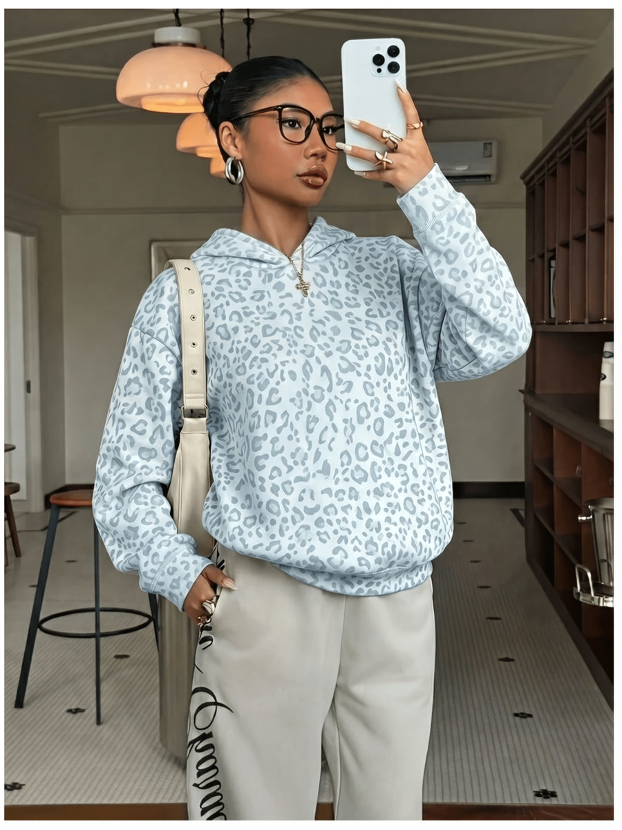 Women's Fashion Leopard Print Hoodie Sweatshirt - Light Cyan
