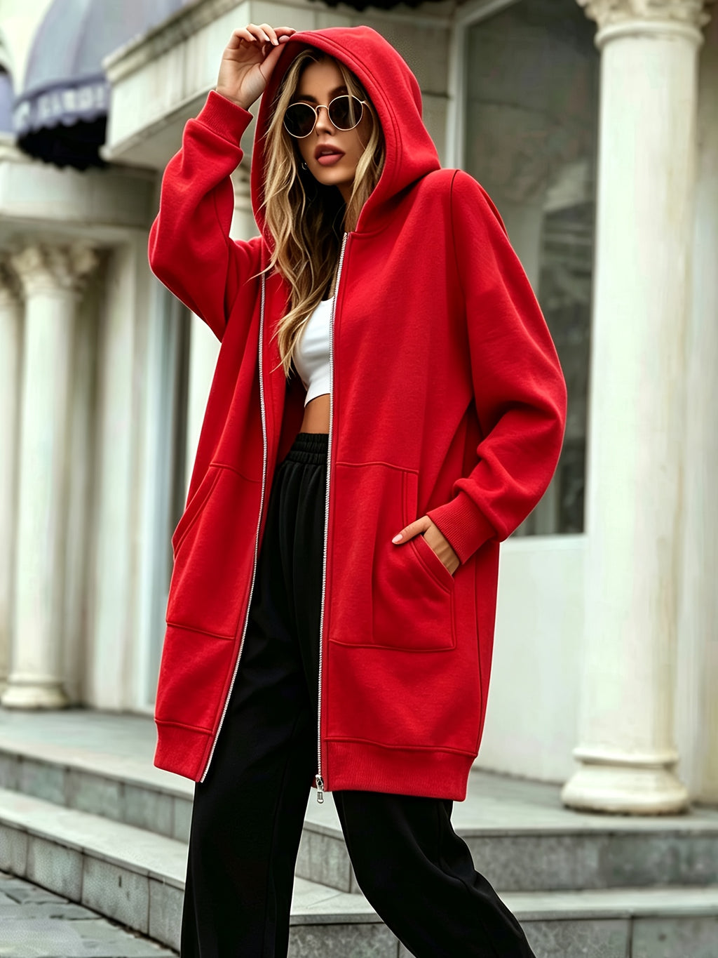 Women's Long Hooded Sweatshirt Jacket, Autumn/Winter Thick Hoodie, Versatile Loose Fit Casual Long Sleeve Zip-Up Cardigan Jacket - Red